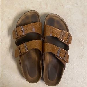 Dark orange glittery Birkenstock’s